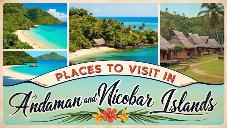 Scenic beach in Andaman and Nicobar Islands with turquoise water, white sand, and lush palm trees