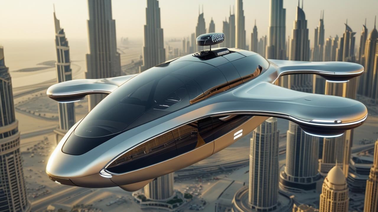 Futuristic flying taxi over Dubai skyline with Burj Khalifa in background